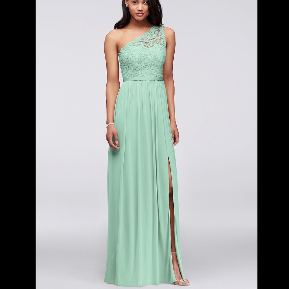 David’s Bridal Mint Long One Shoulder Lace Dress